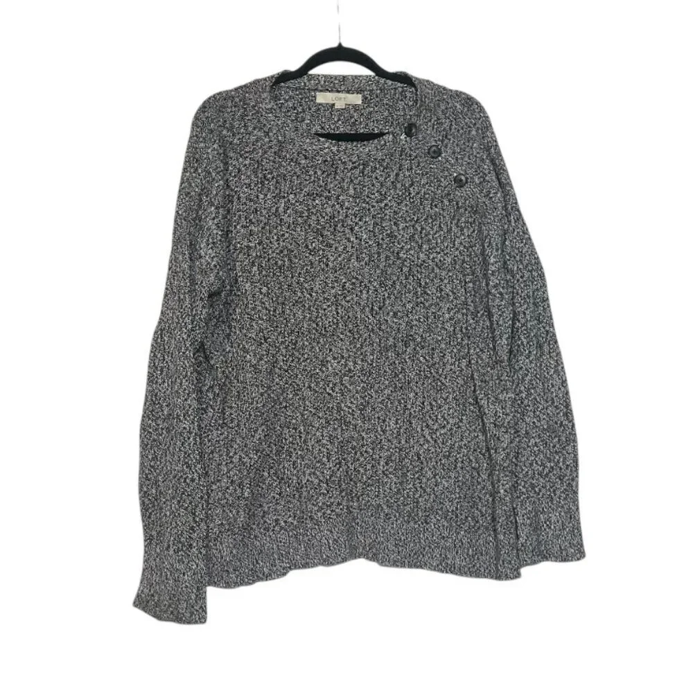 Loft Heather Gray and Black Speckled Sweater Button Sleeve Cozy Size XL